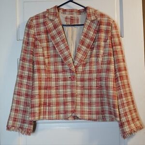 Womens Tweed Plaid Blazer Jacket Fringe Trim Cropped Red Cream Size M 1 Button